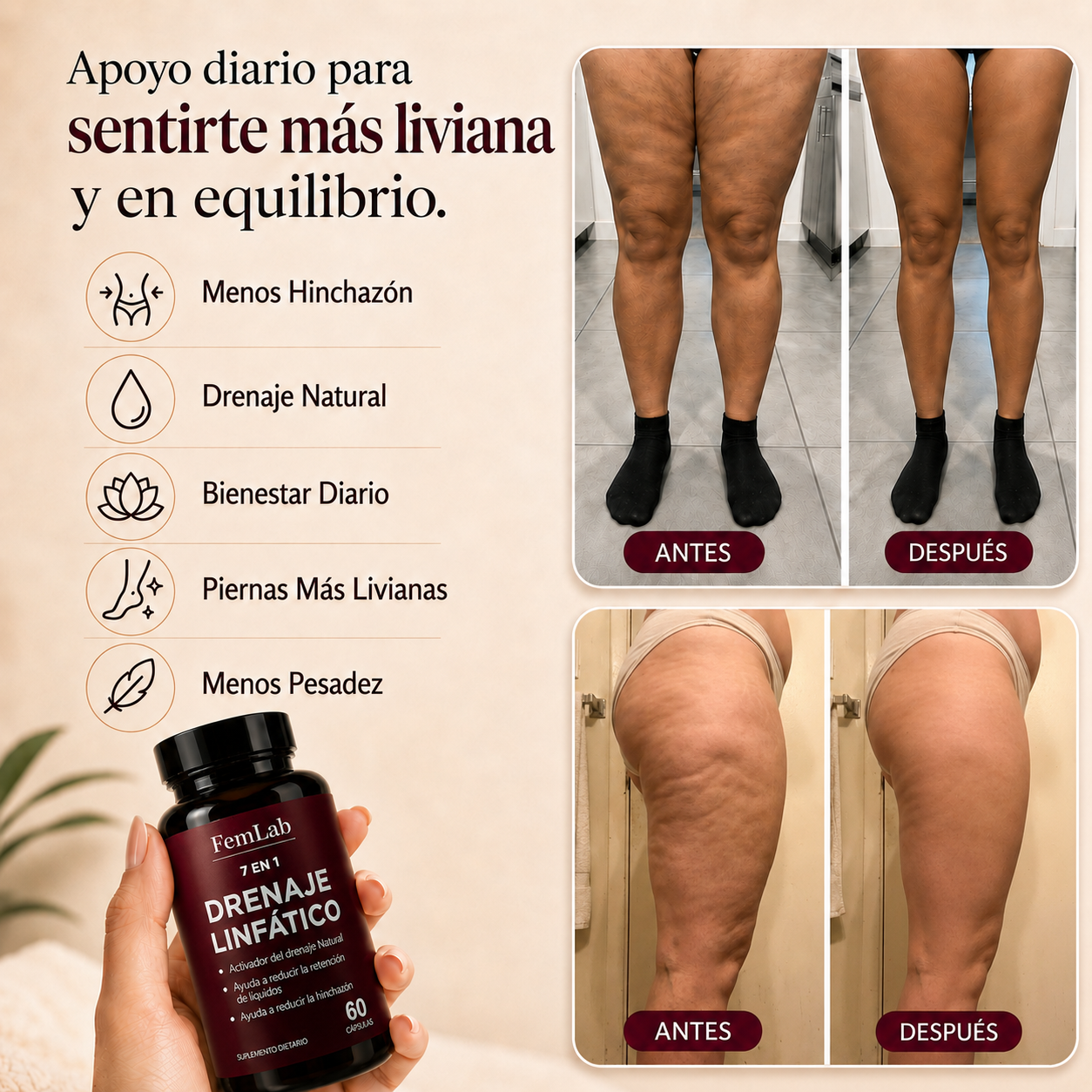 FemLab® -  Drena Naturalmente la Hinchazón del Rostro, Abdomen y Piernas